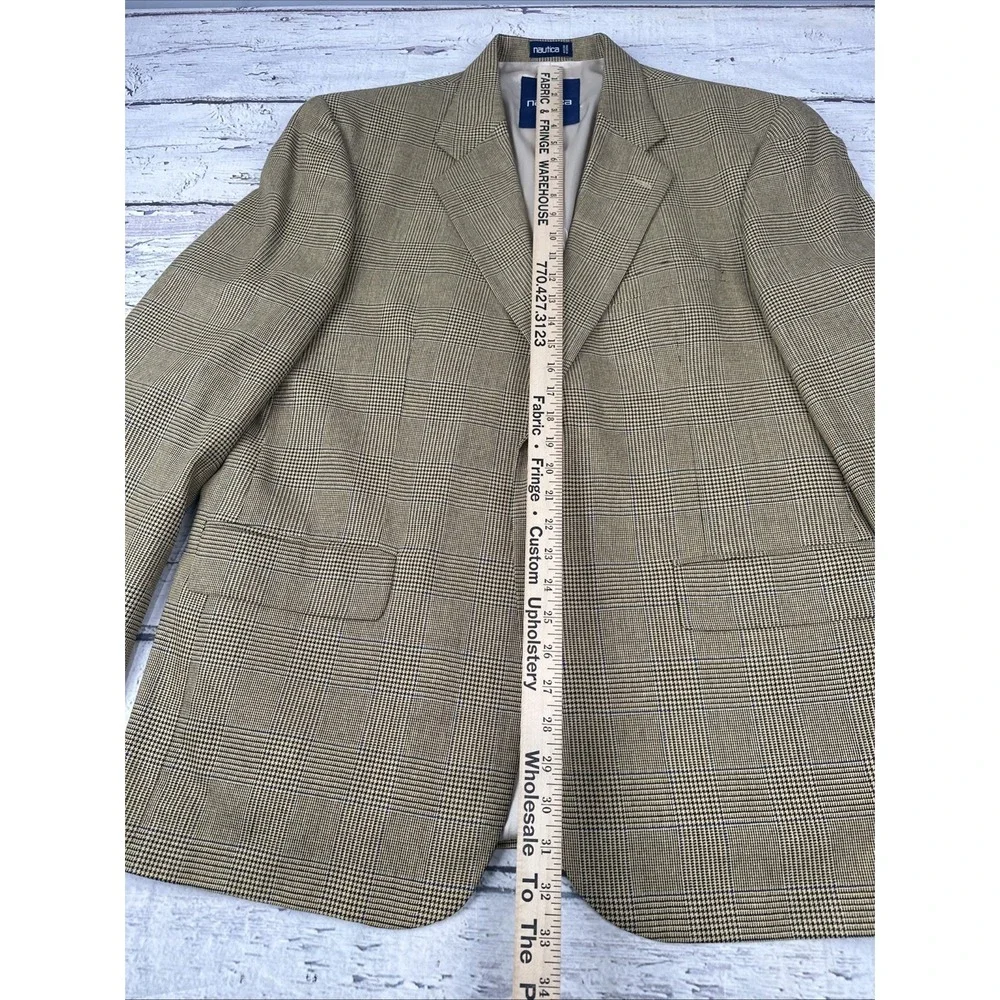 Nautica Sport Coat 44R Tan Glen Plaid Wool Silk Linen Blazer Jacket Casual